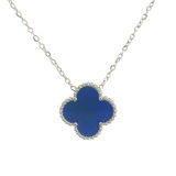 MP62 - Blue Four Leaf Clover Pendant Necklace, Silver Coloured