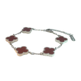 MP66 - Deep Red Four Leaf Clover Double-Sided Bracelet, Silver Coloured