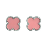 MP55 - Pink Four Leaf Clover Stud Earrings, Silver Coloured