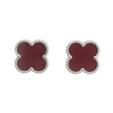 MP67 - Deep Red Four Leaf Clover Stud Earrings, Silver Coloured