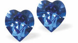 Austrian Crystal Heart Stud Earrings in Dark Sapphire Blue, with Sterling Silver Earwires.