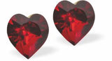 Austrian Crystal Heart Stud Earrings in Deep Siam Red. in Two Sizes with Sterling Silver Earwires.