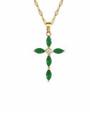 GP82 - Delicate Green Coloured Cross Necklace, Rhodium Plated