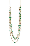 GP97 - Long Mixed Triple Chain Beaded Necklace, Gold Plated with Green Agate, Rose Quartz and Aventurine Quartz