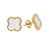 White Four Leaf Clover Stud Earrings, 18K Gold Plated