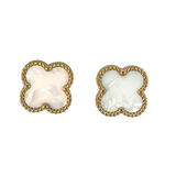 White Four Leaf Clover Stud Earrings, 18K Gold Plated