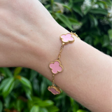 Pink Four Leaf Clover Double-Sided Bracelet, 18K Gold Plated