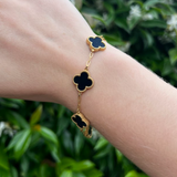 Black Four Leaf Clover Double-Sided Bracelet, 18K Gold Plated