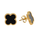 Black Four Leaf Clover Stud Earrings, 18K Gold Plated