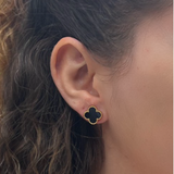 Black Four Leaf Clover Stud Earrings, 18K Gold Plated