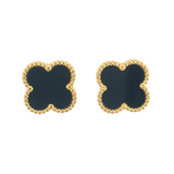 Black Four Leaf Clover Stud Earrings, 18K Gold Plated