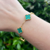 Green Four Leaf Clover Double-Sided Bracelet, 18K Gold Plated