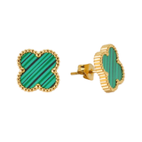 Green Four Leaf Clover Stud Earrings, Gold Plated