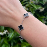 Black Four Leaf Clover Double-Sided Bracelet, Silver Coloured