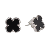 Black Four Leaf Clover Stud Earrings, Silver Coloured