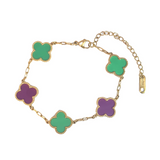 Green and Purple Four Leaf Clover Double-Sided Bracelet, 18K Gold Plated