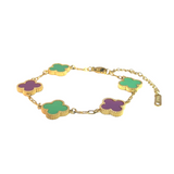 Green and Purple Four Leaf Clover Double-Sided Bracelet, 18K Gold Plated