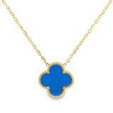 Light Blue and Fuchsia Pink Four Leaf Clover Double Sided Pendant Necklace, 18K Gold Plated