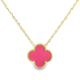 Light Blue and Fuchsia Pink Four Leaf Clover Double Sided Pendant Necklace, 18K Gold Plated