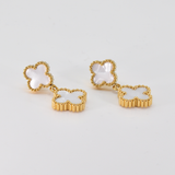 White Double Four Leaf Clover Drop Earrings, 18K Gold Plated