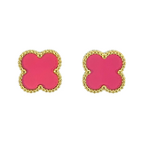 Fuchsia Four Leaf Clover Stud Earrings, 18K Gold Plated