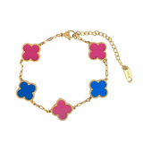 Light Blue and Fuchsia Pink Four Leaf Clover Double-Sided Bracelet, 18K Gold Plated