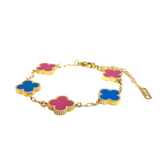 Light Blue and Fuchsia Pink Four Leaf Clover Double-Sided Bracelet, 18K Gold Plated