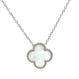 MP50 - White Four Leaf Clover Pendant Necklace, Silver Coloured