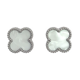 MP52 - White Four Leaf Clover Stud Earrings, Silver Coloured