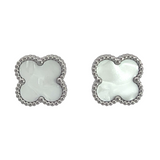 White Four Leaf Clover Stud Earrings, Silver Coloured