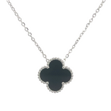 Black Four Leaf Clover Pendant Necklace, Silver Coloured