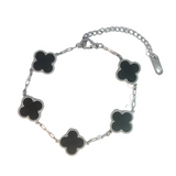 MP57 - Black Four Leaf Clover Double-Sided Bracelet, Silver Coloured