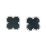 MP58 - Black Four Leaf Clover Stud Earrings, Silver Coloured