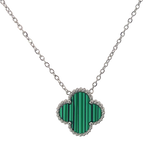 MP59 - Green Four Leaf Clover Pendant Necklace, Silver Coloured