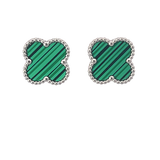 MP61 - Green Four Leaf Clover Stud Earrings, Silver Coloured