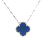 Royal Blue Four Leaf Clover Pendant Necklace, Silver Coloured