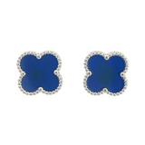 Blue Four Leaf Clover Stud Earrings, Silver Coloured