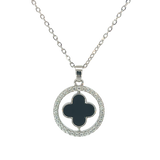 MP68 - Pave Crystal Circle with Black Four Leaf Clover Pendant Necklace, Silver Coloured