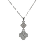 MP70 - Double Drop Pave Crystal Four Leaf Clover Pendant Necklace, Silver Coloured