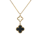 Double Drop White and Black Four Leaf Clover Pendant Necklace, 18K Gold Plated