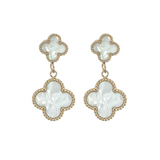 White Double Four Leaf Clover Drop Earrings, 18K Gold Plated