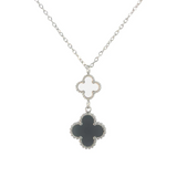 MP81 - Doube Drop White & Black Four Leaf Clover Pendant Necklace, Silver Coloured