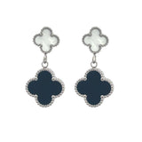 MP82 - Double Drop White & Black Four Leaf Clover Stud Drop Earrings, Silver Coloured