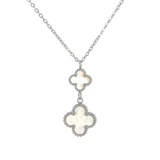 MP83 - Double Drop White Four Leaf Clover Pendant Necklace, Silver Coloured