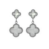 MP84 - Double Drop White Four Leaf Clover Stud Drop Earrings, Silver Coloured