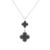 MP85 - Double Drop Black Four Leaf Clover Pendant Necklace, Silver Coloured