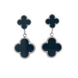 MP86 - Double Drop Black Four Leaf Clover Stud Drop Earrings, Silver Coloured