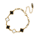 Black and White Four Leaf Clover Bracelet, 18K Gold Plated