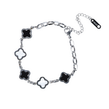 MP91 - Black and White Four Leaf Clover Bracelet, Silver Coloured