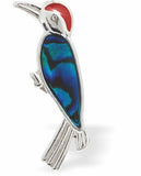 P338 - Paua Shell Woodpecker Brooch, Rhodium Plated